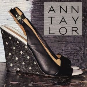 Ann Taylor Black and White Polka Dot Wedges peep Toe  Sz 6